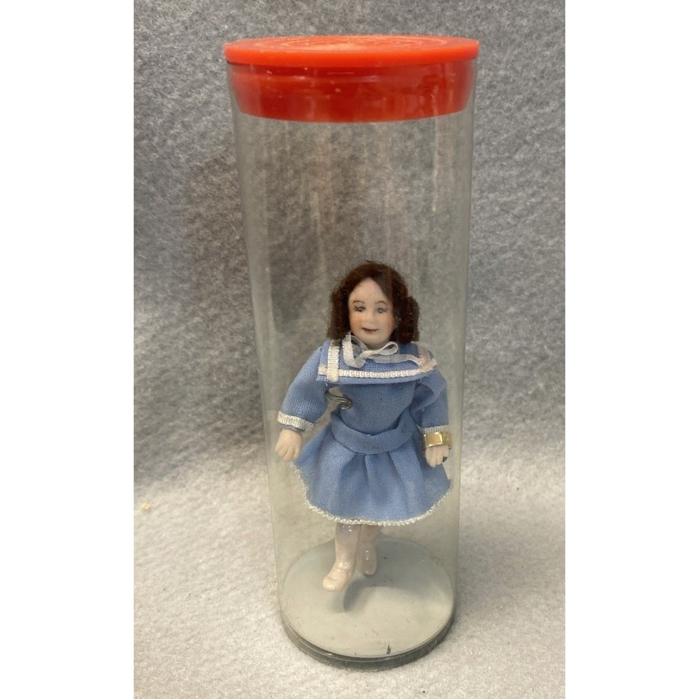 Joan McLean Miniature Young girl 4"  1:12 Doll in Blue dress Kaiser stand signed